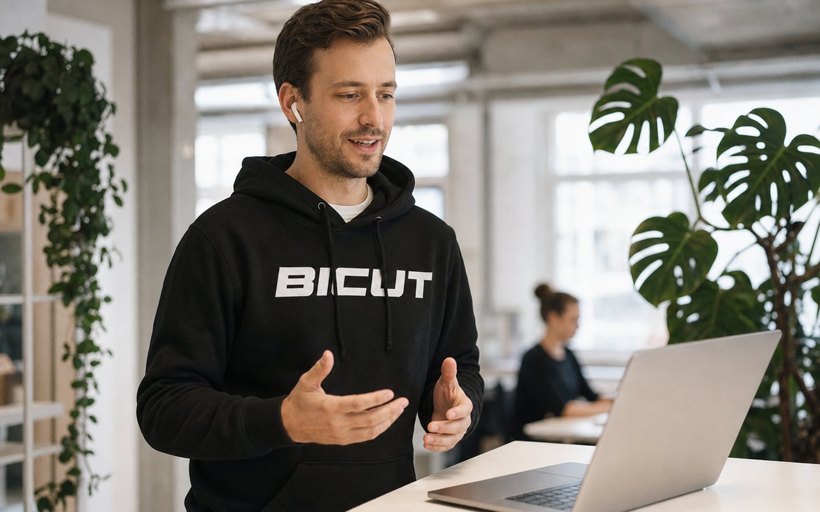 Bicut team member talking to a voice trading agent at a standing desk