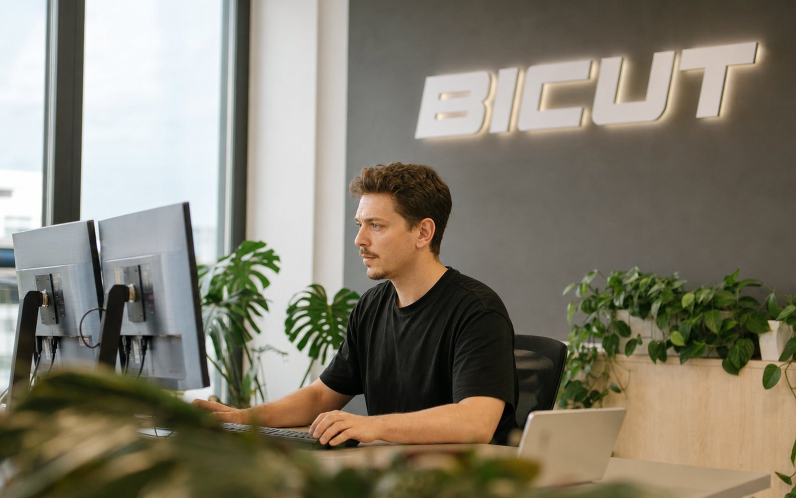 Engineer reviewing a server-side risk dashboard in the Bicut office